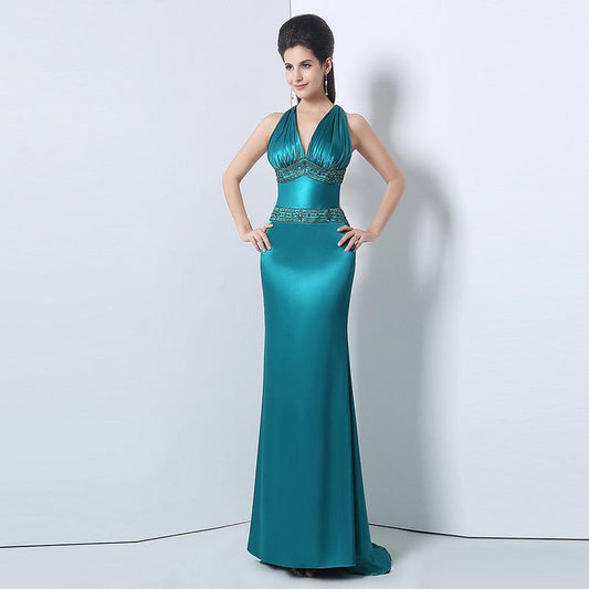 Stylish V-Neck Long Prom Dresses Beaded Mermaid Evening Dresses Backless Formal Dresses