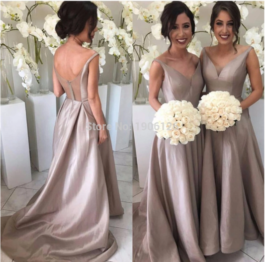 long gray v-neck A-line see through back bridesmaid dresses,BD4140