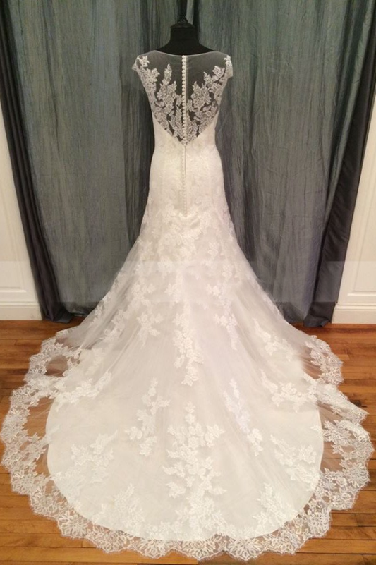 elegant scoop cap sleeves long mermaid ivory lace wedding dress, WD102