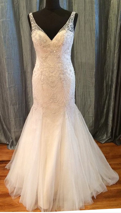 charming long beaded v-neck white tulle backless mermaid wedding dress, WD103