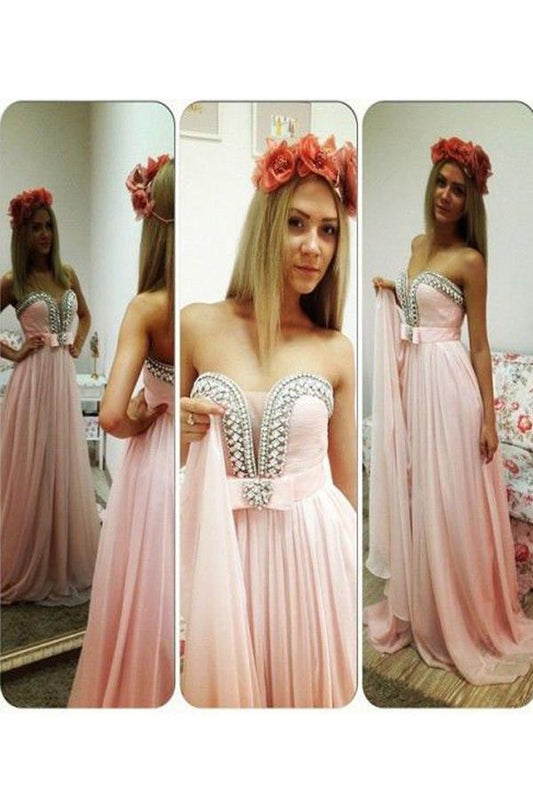 blush pink prom dress, long prom dress, chiffon prom dress, strapless prom dress, evening dress, BD43