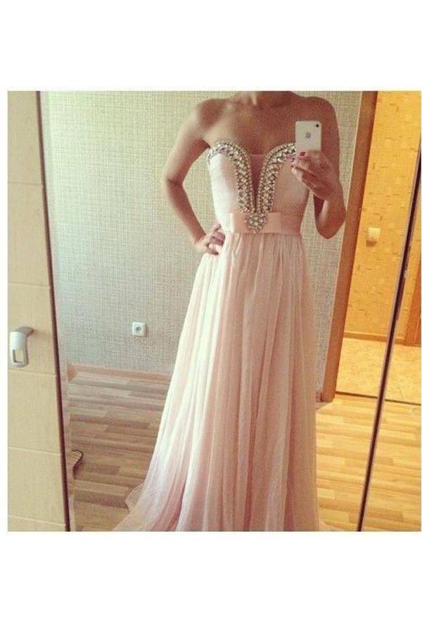 blush pink prom dress, long prom dress, chiffon prom dress, strapless prom dress, evening dress, BD43