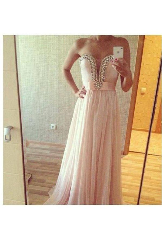 blush pink prom dress, long prom dress, chiffon prom dress, strapless prom dress, evening dress, BD43