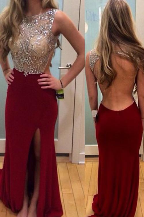 Long prom dress, backless prom dress, side slit prom dresses, charming evening dresses, BD30
