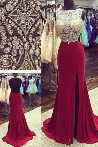 Long prom dress, backless prom dress, side slit prom dresses, charming evening dresses, BD30