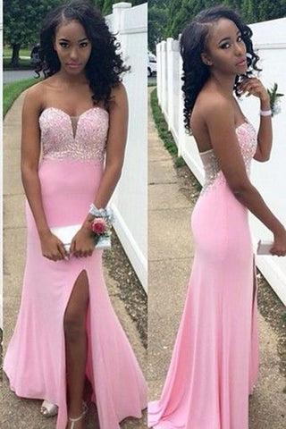 pink prom dress, long prom dress, side slit prom dress, strapless prom dress, charming evening gown, BD49