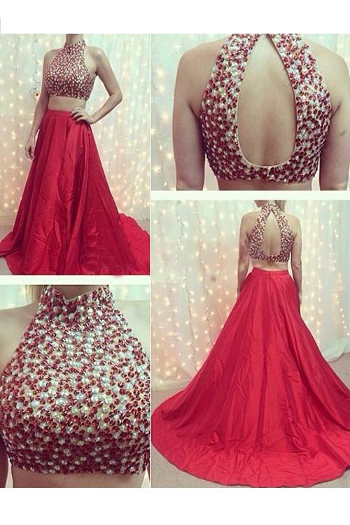 two pieces prom dress, long prom dress, red prom dress, beaded prom dress, charming evening gown, BD48