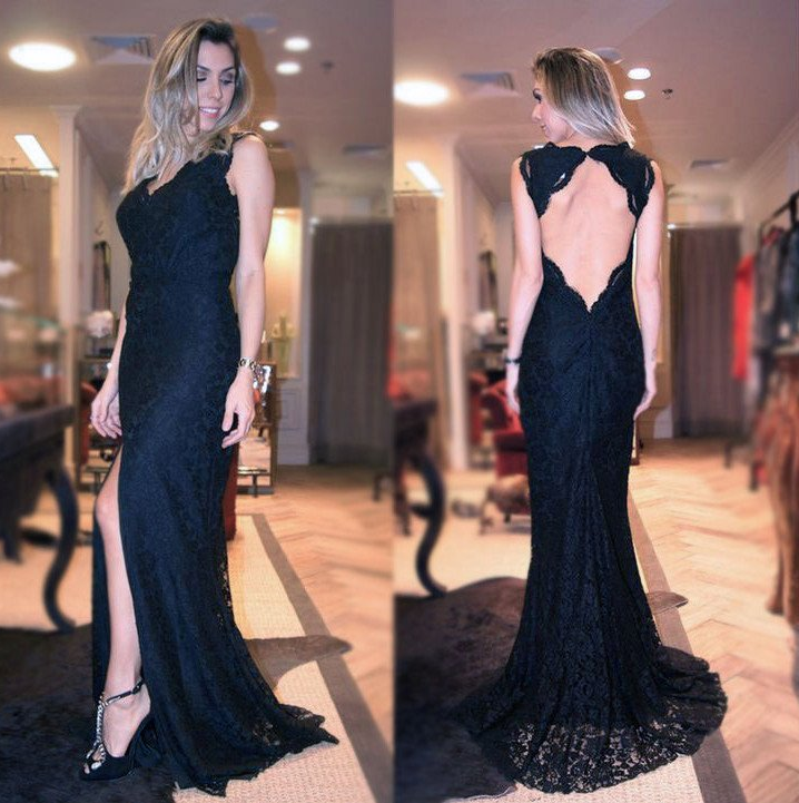 black lace open back side slit mermaid long prom dress, PD9666