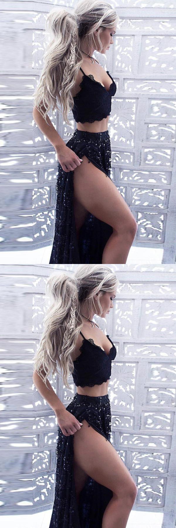 Two Piece Spaghetti Straps High Split-Side Black Sequined Appliques Prom Dresses