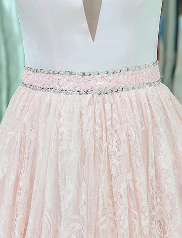 V-Neck Sleeveless Lace Long Pink Prom Dresses With Beading Evening Dress