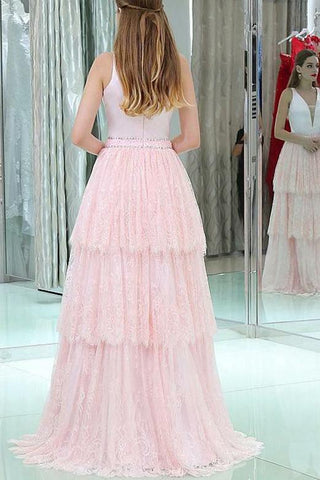 V-Neck Sleeveless Lace Long Pink Prom Dresses With Beading Tiered, Evening Dress
