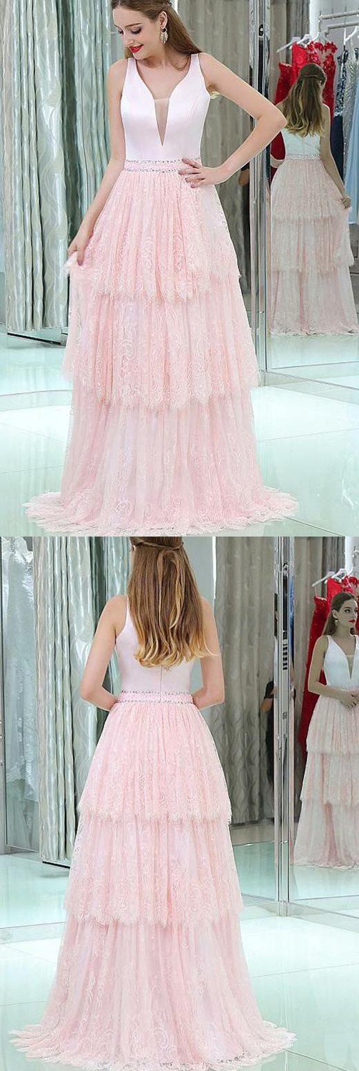 V-Neck Sleeveless Lace Long Pink Prom Dresses With Beading Tiered, Evening Dress
