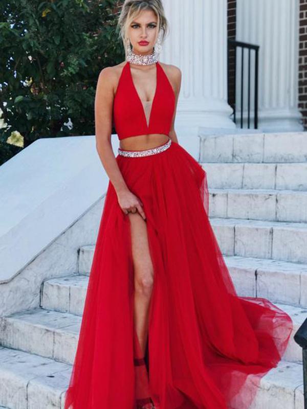 two pieces v-neck side slit red charming flowing long prom dress, PD5849