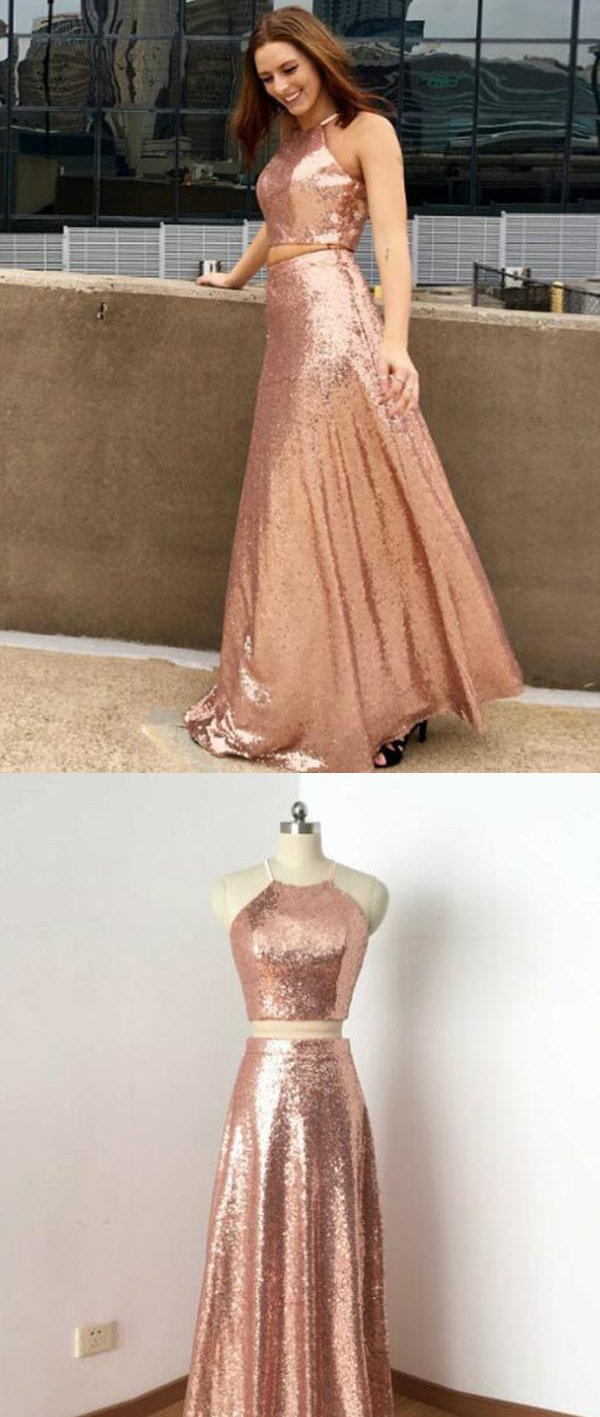 Sparkle Two Pieces Rose Gold Sequin Long Prom Dress | JLDressCA Sparkle Two Pieces Rose Gold Sequin Long Prom Dress | JLDressCA