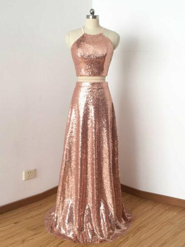 sparkle two pieces rose gold sequin long prom dress, PD12125