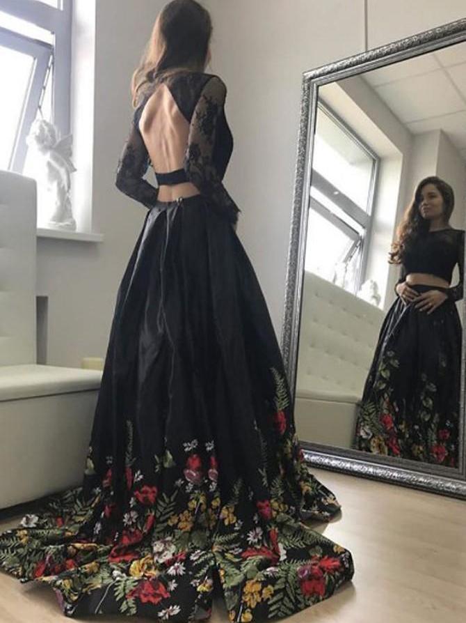 black two pieces long sleeves open back embroidery long prom dresses, PD12145