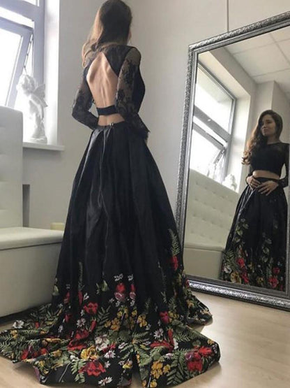 Black Two Pieces Long Sleeves Open Back Embroidery Long Prom Dresses JLDressCA Black Two Pieces Long Sleeves Open Back Embroidery Long Prom Dresses JLDressCA