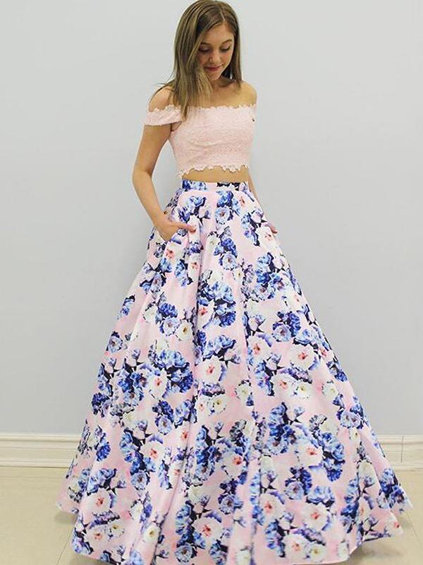 off shoulder two pieces floral long prom dress ball gown, PD6587