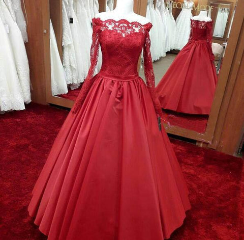 Long sleeves red A-line long off shoulder lace top prom dress, PD5672