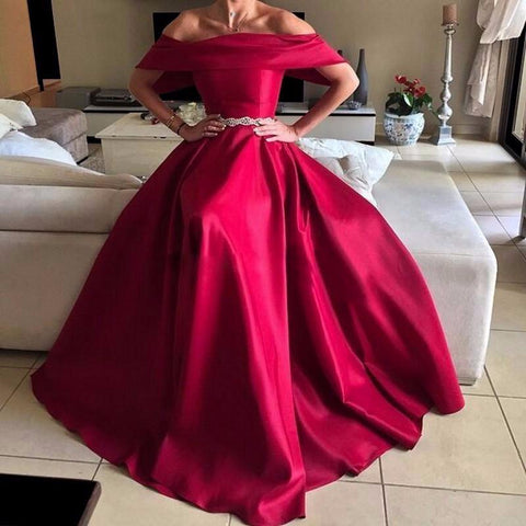 formal Red A-line long off shoulder satin prom dress, PD5671