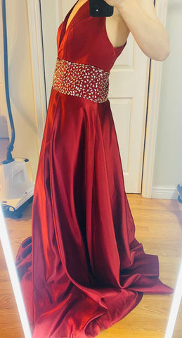 Deep V-Neck Long Prom Dresses Red Satin Evening Dresses A-Line Formal Dresses,BS028