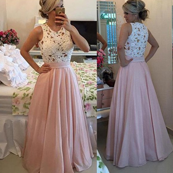 scoop beaded pink A-line  long prom dress, PD9777