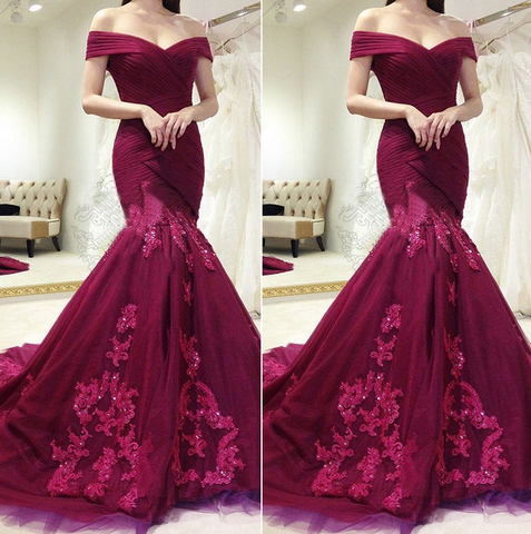 charming lace appliques burgundy off shoulder mermaid formal long prom dress, PD9682
