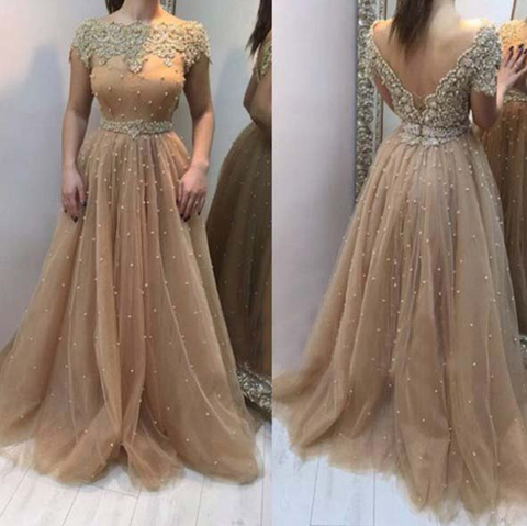 short sleeves beaded charming A-line tulle long prom dress, PD9665