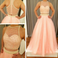 two pieces beaded pink A-line prom dress, PD9669