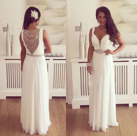 elegant beaded white chiffon long 2017 prom dress, PD3842