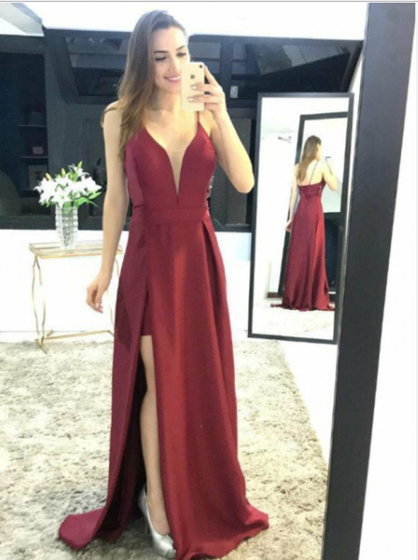 simple spaghetti straps long prom dress with side slit, PD02504