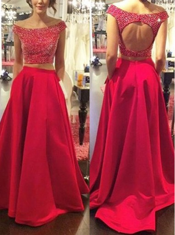 two pieces prom dress,long prom dress,red prom dress,beaded prom dress,open back prom dress, BD532