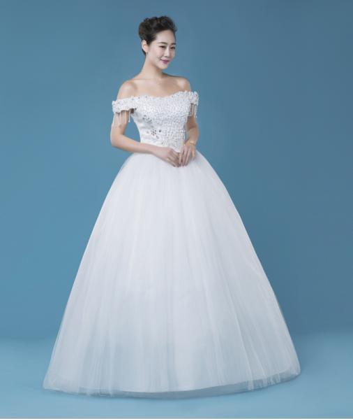 Off shoulder floor-length beaded A-line wedding dress, wedding dress, WD77