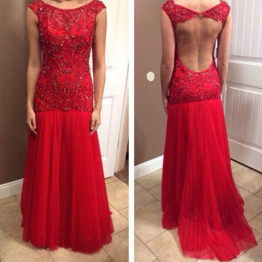 cap sleeves charming red beaded mermaid open back long prom dress, PD9680