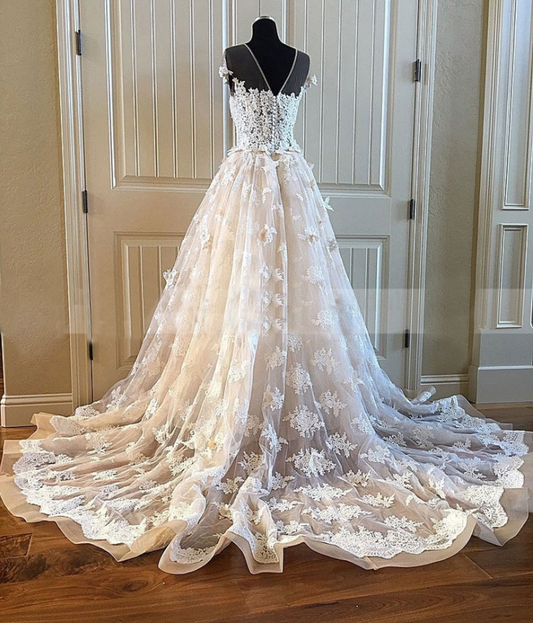 short sleeves scoop A-line lace appliques ivory vintage wedding dress, WD106