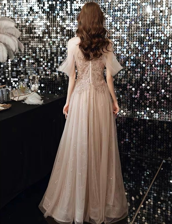 2021 A-line with Neck Champagne Color Sparkling Prom Dress ZF0002