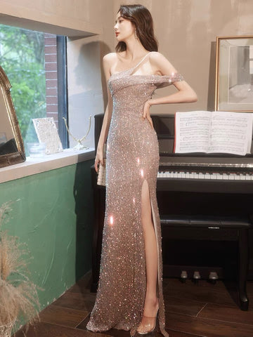 2021 One shoulder Sparkle Crystal Long evening Gowns Mermaid Side Split Prom Dresses ZF0007
