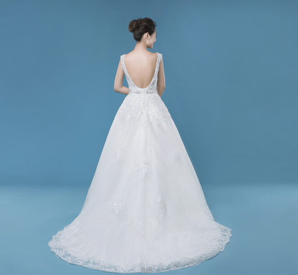 A-line long floor-length tulle wedding dress, open back wedding dresses, WD73