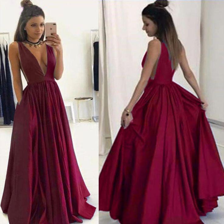 burgundy formal deep v-neck long prom dresses, PD6159