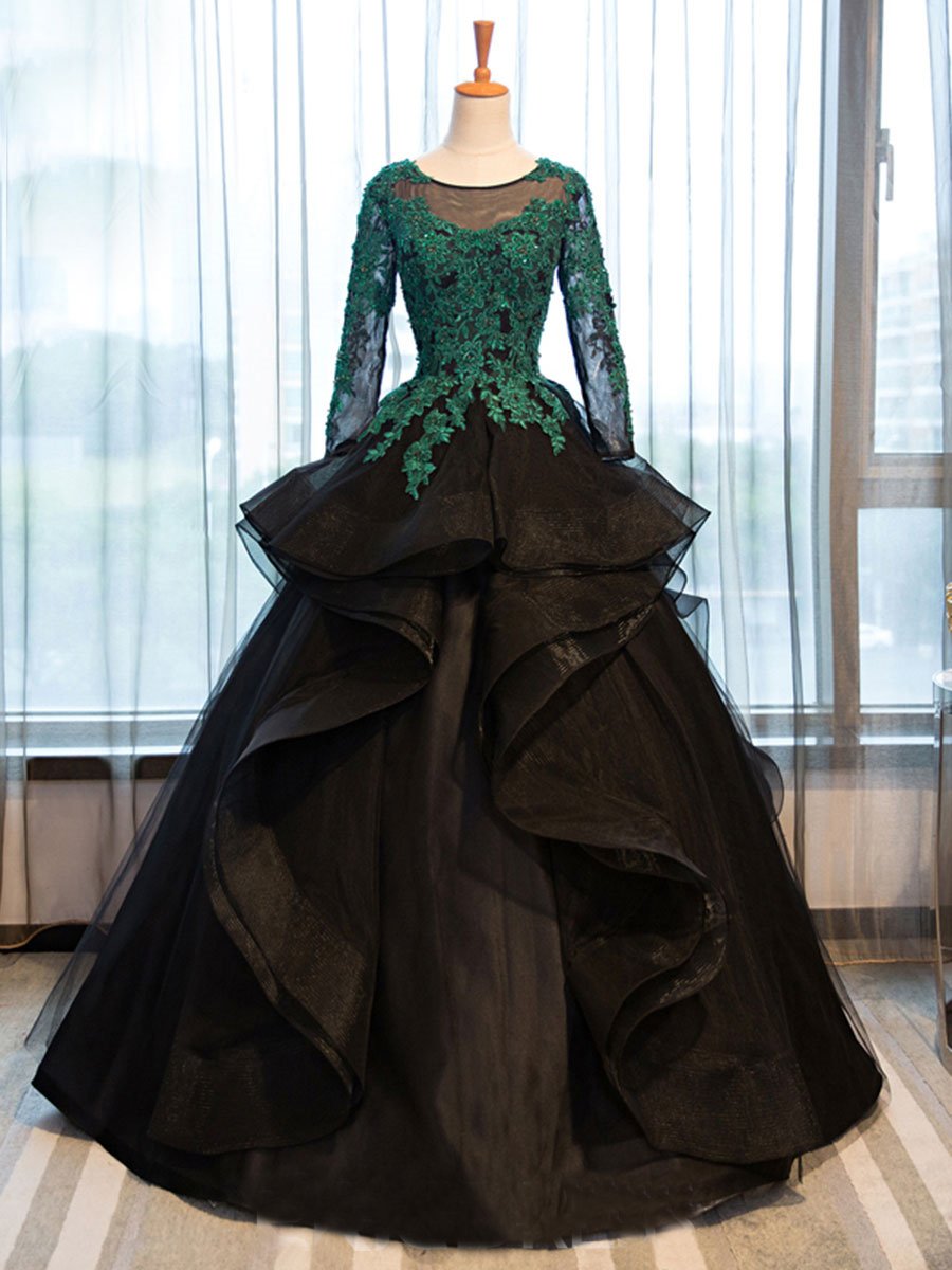 long sleeves A-line black with green lace top long prom dress, PD1854