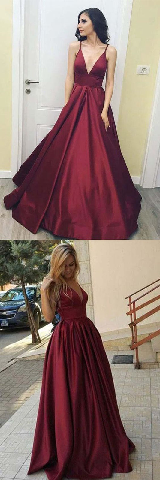 v-neck burgundy simple satin long prom dress, PD6877