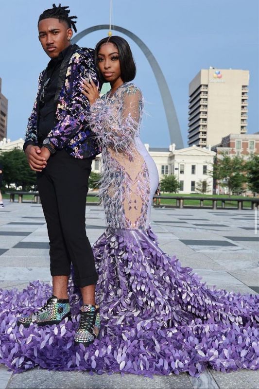 Lilac Fur Sequins Mermaid Prom Dresses|Long Sleeves Satin Evening Gowns,PD21027