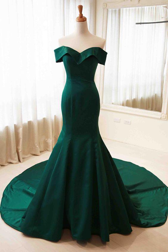 formal elegant off shoulder dark green mermaid long prom dress, PD8595