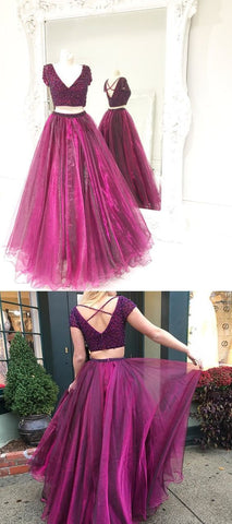 short sleeves v-neck two pieces purple long prom dress, PD557