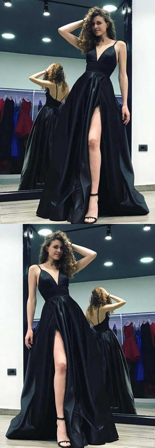 v-neck side slit long black prom dress, BD7657