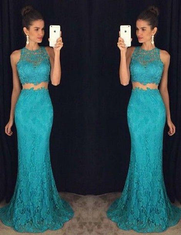 turquoise prom dress, long prom dress, two pieces prom dress, lace evening dress, mermaid prom dress, BD405
