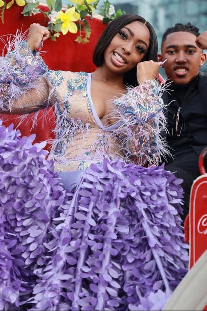 Lilac Fur Sequins Mermaid Prom Dresses|Long Sleeves Satin Evening Gowns,PD21027