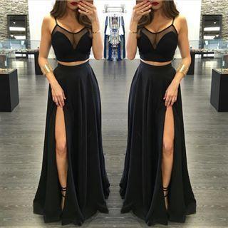 two pieces prom dress,long prom dress,black prom dress,side slit prom dress,sexy prom dress, BD533