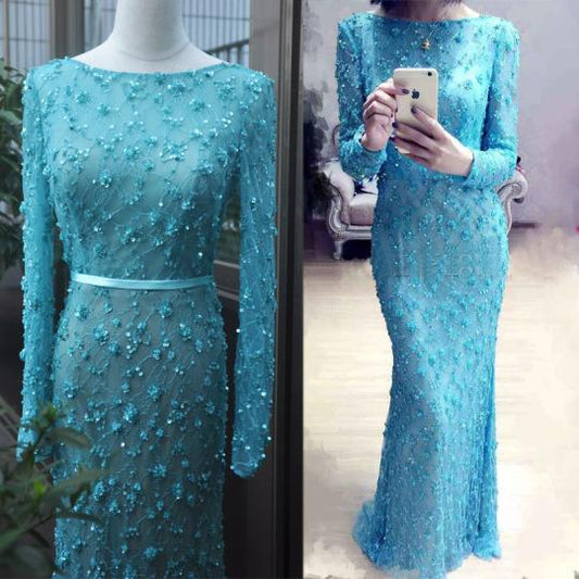 elegant mermaid blue long sleeves beaded long prom dress, PD5717
