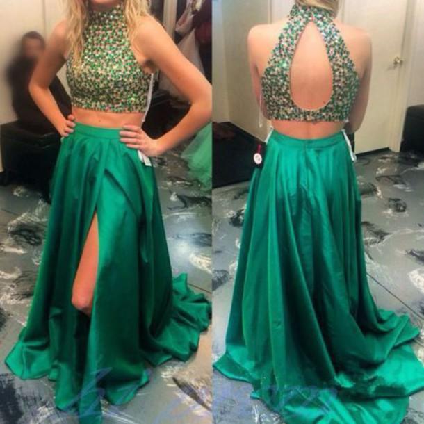 two pieces beaded top side slit green long prom dress, PD8859